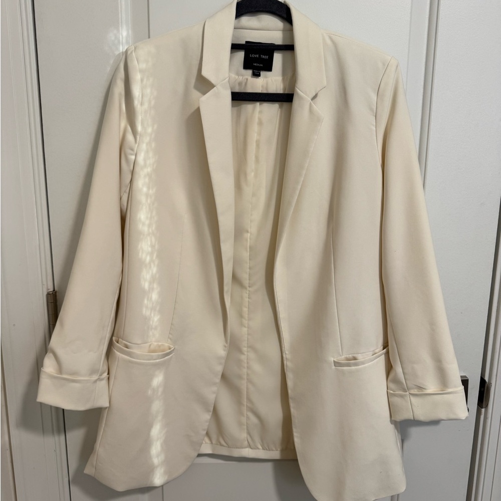 Love Tree Cream Blazer with Textured Fabric and Notched Lapels